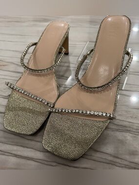 FARYL by Farylrobin Alexandra Gold Rhinestone Block Heel Sandals Size 13 NIB